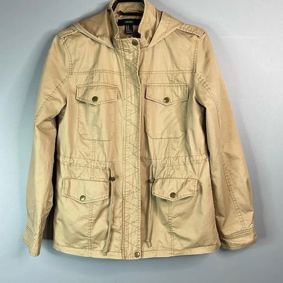 FOREVER 21 Military Jacket Khaki Tan Zip Hood Snap Flap Pockets Drawstring M - Picture 12 of 12